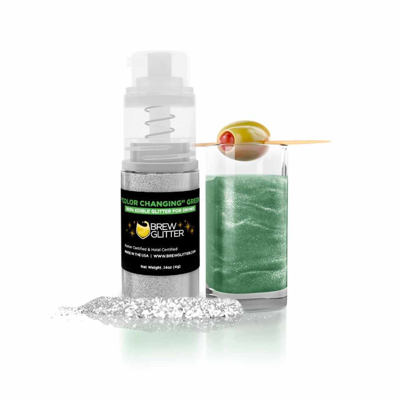 Brew Glitter - Green Color Changing Edible Drink Glitter (4g, Mini Spray Pump) for Beer, Cocktails and Beverages